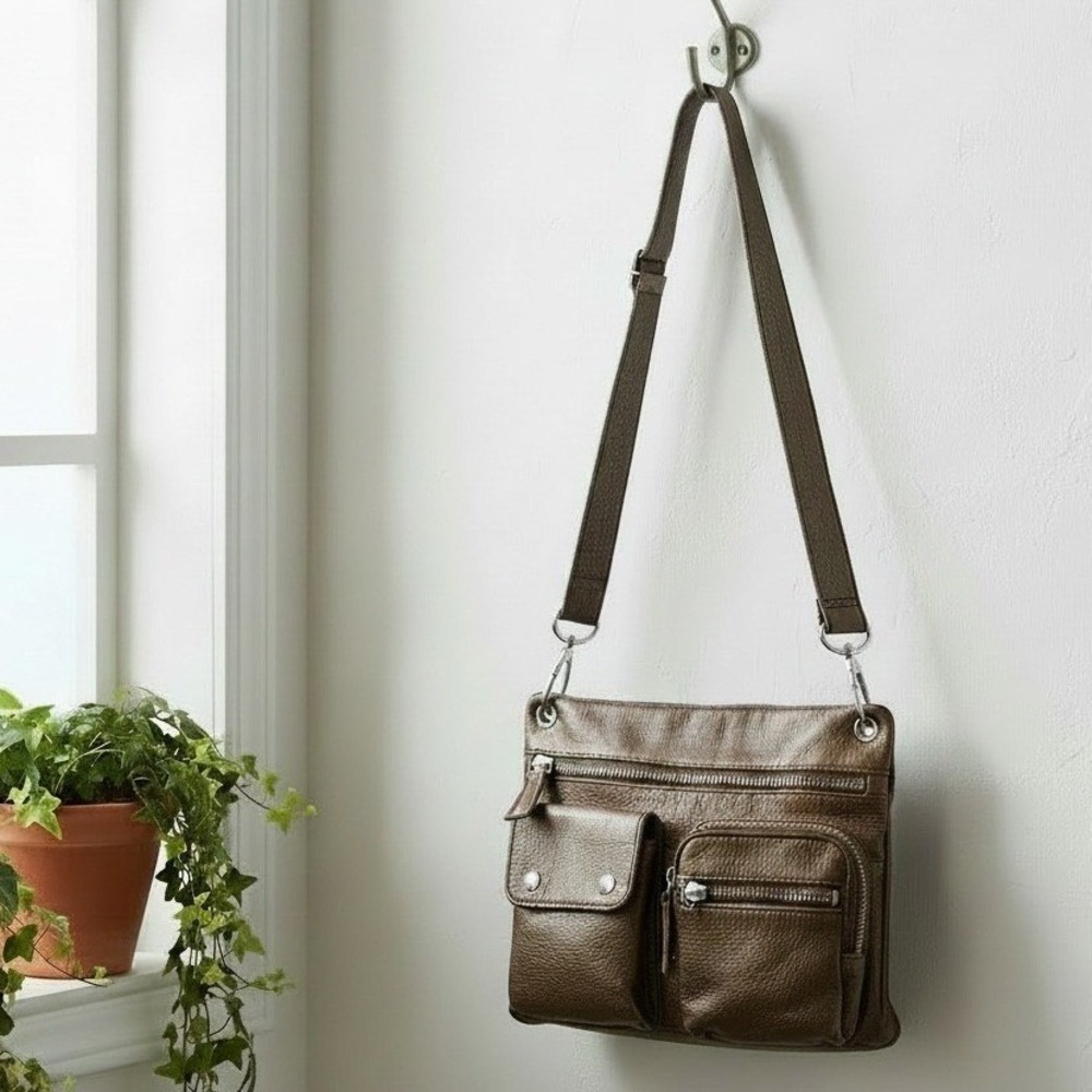 Fossil Sutter Bronze Metallic Leather Crossbody Bag Utility Cargo Messenger